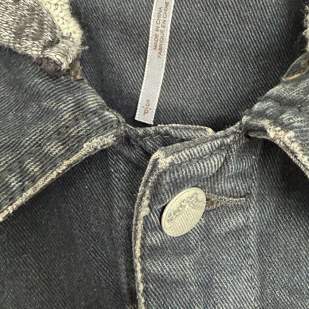 Free People distressed Black Jean Jacket with charcoal Sleeves